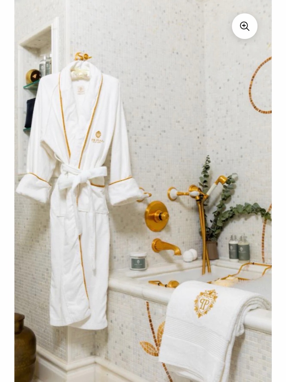 The Plaza Hotel luxury bathrobe plush white Turkish cotton gold rope trim Medium